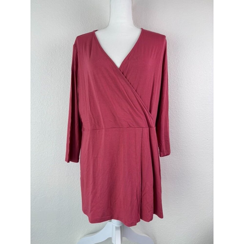J. Jill women's large coral pink 3/4 sleeve faux wrap‎ style tunic stretch top